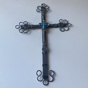 Vintage Southwestern Silver Tone Metal Crucifix Cross Wall Hanging Ornate 11X7